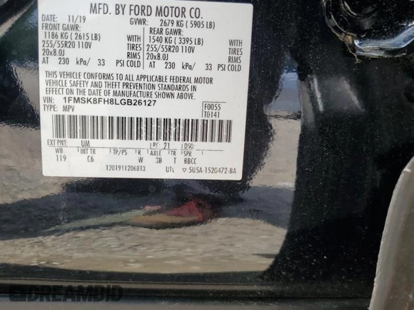 2020 Ford Explorer Limited с VIN 1FMSK8FH8LGB26127, выставлен на аукционе Copart как лот 62878635 с пробегом 70 873 миль миль и Списание • Salvage title. История ставок и продаж доступна на DreamBid. Изображение 12.