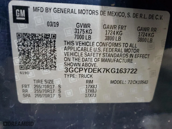 2019 Chevrolet Silverado 1500 LT with VIN 3GCPYDEK7KG163722, listed as a Copart auction lot 41805525 with 102,592 mi miles and Salvage Title. Bid and sale history available at carsss.com. Image 14.