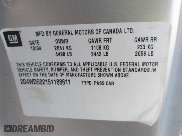2005 Buick LaCrosse CXL z VIN 2G4WD532151188611, wystawiony jako IAAI lot #41217168 z przebiegiem 186 442 mil mil oraz . Historia ofert i sprzedaży dostępna na DreamBid. Obrazek 9.