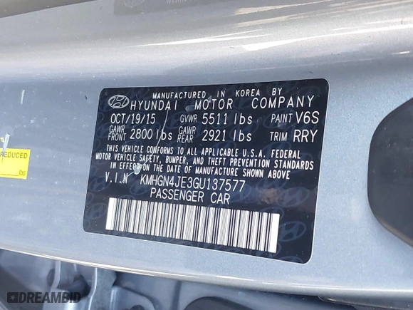 2016 Hyundai Genesis 3.8L with VIN KMHGN4JE3GU137577, listed as a IAAI auction lot 41599851 with 158,011 mi miles. Bid and sale history available at carsss.com. Image 9.