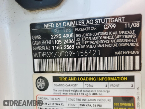 2009 Mercedes-Benz SL 55/63 AMG with VIN WDBSK70F09F156421, listed as a Copart auction lot 62588675 with 34,846 mi miles and Clean title. Bid and sale history available at DreamBid. Image 12.