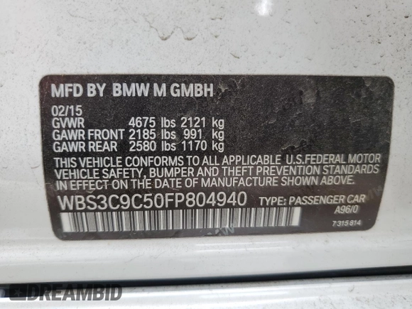2015 BMW M3 with VIN WBS3C9C50FP804940, listed as a Copart auction lot 55555883 with 102,075 mi miles. Bid and sale history available at carsss.com. Image 12.