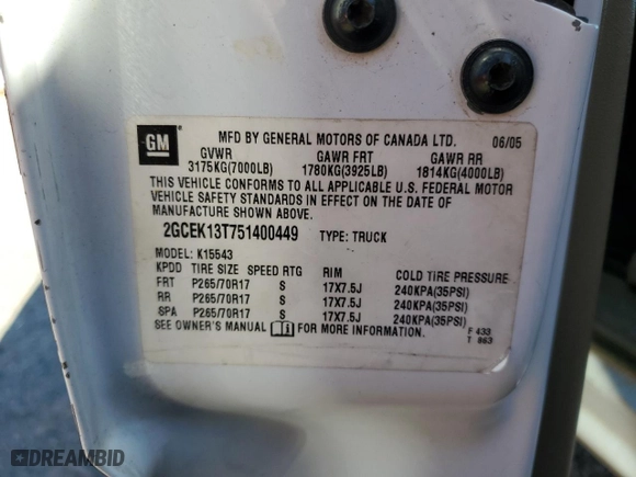 2005 Chevrolet Silverado 1500 Z71 with VIN 2GCEK13T751400449, listed as a Copart auction lot 50268885 with 209,828 mi miles and Salvage Title. Bid and sale history available at carsss.com. Image 15.