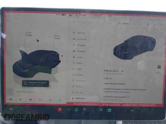 2025 Tesla Model 3 Long Range z VIN 5YJ3E1EA0SF915571, wystawiony jako IAAI lot #42247609 z przebiegiem 3 901 mil mil oraz . Historia ofert i sprzedaży dostępna na DreamBid. Obrazek 7.