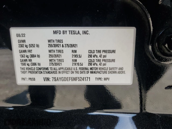 2022 Tesla Model Y Performance with VIN 7SAYGDEF6NF524171, listed as a Copart auction lot 60736945 with 30,629 mi miles and Salvage title. Bid and sale history available at DreamBid. Image 13.