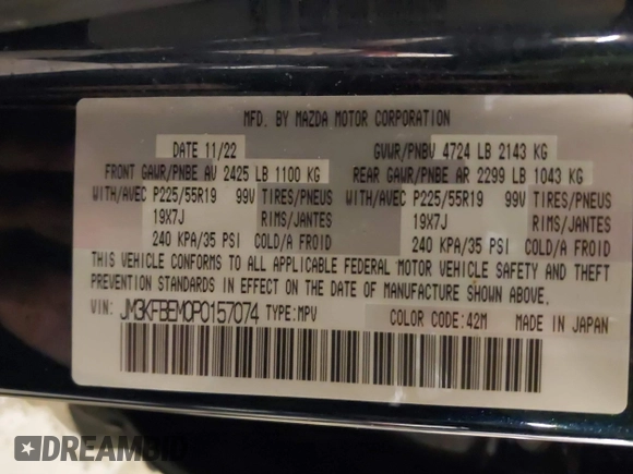 2023 Mazda CX-5 2.5 S Premium Plus Package with VIN JM3KFBEM0P0157074, listed as a IAAI auction lot 41215076 with 37,323 mi miles. Bid and sale history available at carsss.com. Image 9.