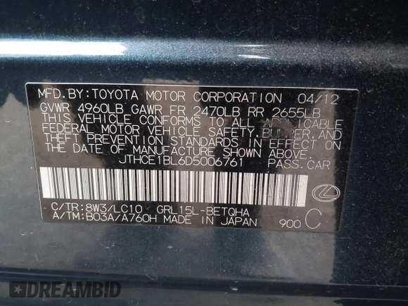 2013 Lexus GS 350 with VIN JTHCE1BL6D5006761, listed as a IAAI auction lot 41376327 with 173,698 mi miles. Bid and sale history available at carsss.com. Image 9.