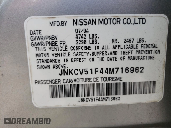 2004 Infiniti G35 w/Leather with VIN JNKCV51F44M716962, listed as a Copart auction lot 69282164 with 80,694 mi miles and Non Repairable. Bid and sale history available at DreamBid. Image 12.