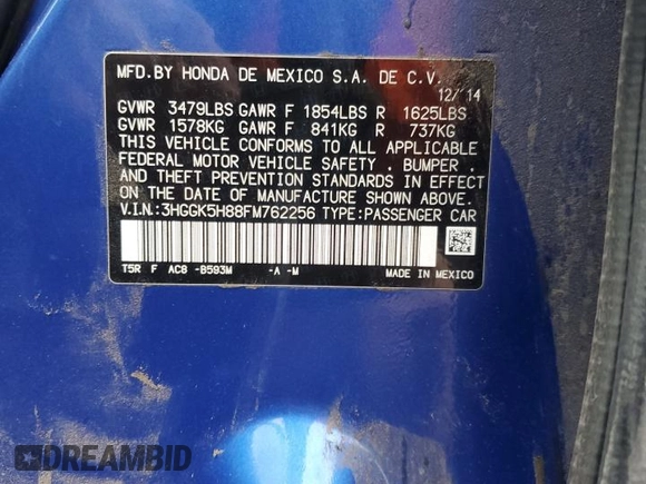 2015 Honda Fit EX-L with VIN 3HGGK5H88FM762256, listed as a Copart auction lot 46438325 with Not Provided miles and Salvage Title. Bid and sale history available at DreamBid. Image 14.