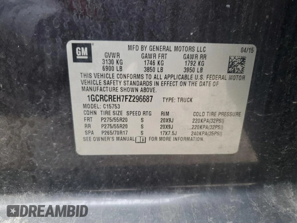 2015 Chevrolet Silverado 1500 LT with VIN 1GCRCREH7FZ296687, listed as a Copart auction lot 45854915 with 153,681 mi miles and Salvage Title. Bid and sale history available at carsss.com. Image 12.