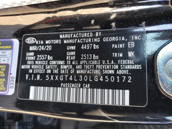 2020 Kia Optima SE with VIN 5XXGT4L30LG450172, listed as a Copart auction lot 47206305 with 60,540 mi miles and Salvage Title. Bid and sale history available at carsss.com. Image 14.