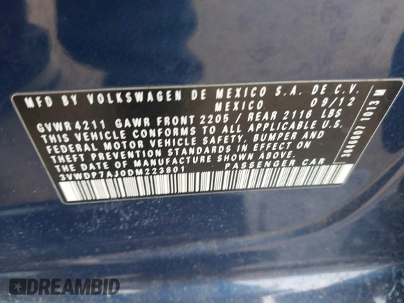 2013 Volkswagen Jetta SE with VIN 3VWDP7AJ0DM223801, listed as a IAAI auction lot 42132060 with 129,652 mi miles and . Bid and sale history available at DreamBid. Image 9.