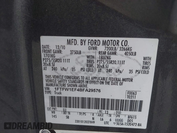 2011 Ford F-150 XL with VIN 1FTFW1EF4BFA29576, listed as a IAAI auction lot 42087576 with 176,665 mi miles. Bid and sale history available at carsss.com. Image 9.