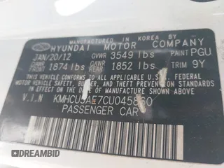 2012 Hyundai Accent SE with VIN KMHCU5AE7CU045860, listed as a IAAI auction lot 42739290 with 195,904 mi miles and . Bid and sale history available at DreamBid. Image 9.