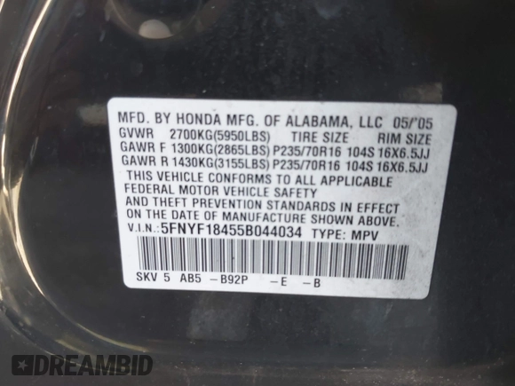 2005 Honda Pilot EX with VIN 5FNYF18455B044034, listed as a IAAI auction lot 42078473 with 265,726 mi miles. Bid and sale history available at carsss.com. Image 9.