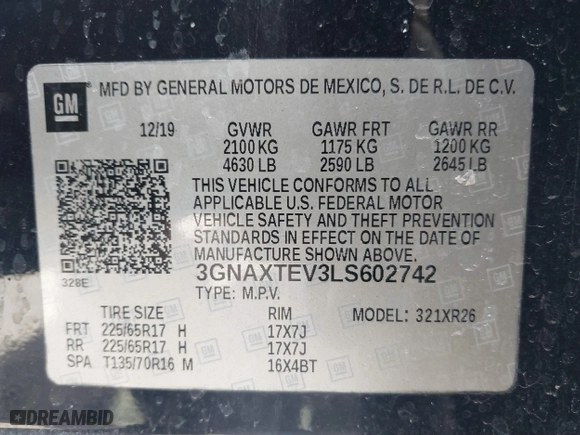 2020 Chevrolet Equinox LT with VIN 3GNAXTEV3LS602742, listed as a IAAI auction lot 41901127 with 65,669 mi miles. Bid and sale history available at carsss.com. Image 9.