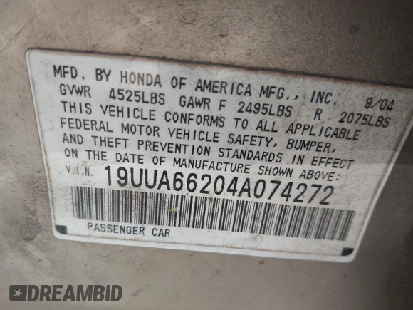 2004 Acura TL z VIN 19UUA66204A074272, wystawiony jako IAAI lot #42145664 z przebiegiem Nie podano mil oraz . Historia ofert i sprzedaży dostępna na DreamBid. Obrazek 9.