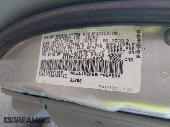 2001 Toyota Avalon XL with VIN 4T1BF28B31U130675, listed as a IAAI auction lot 42006171 with 156,261 mi miles and . Bid and sale history available at DreamBid. Image 9.