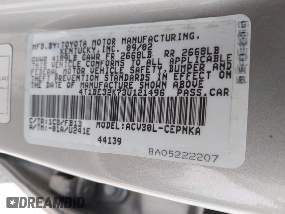 2003 Toyota Camry LE with VIN 4T1BE32K73U121496, listed as a IAAI auction lot 42154241 with 161,978 mi miles and . Bid and sale history available at DreamBid. Image 9.