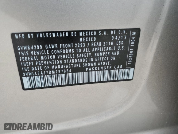 2013 Volkswagen Jetta TDI with VIN 3VWLL7AJ7DM297854, listed as a Copart auction lot 88531765 with 68,405 mi miles and Salvage title. Bid and sale history available at DreamBid. Image 12.