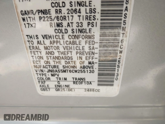2012 Nissan Rogue S with VIN JN8AS5MT6CW255130, listed as a IAAI auction lot 41810612 with 150,866 mi miles and . Bid and sale history available at DreamBid. Image 9.