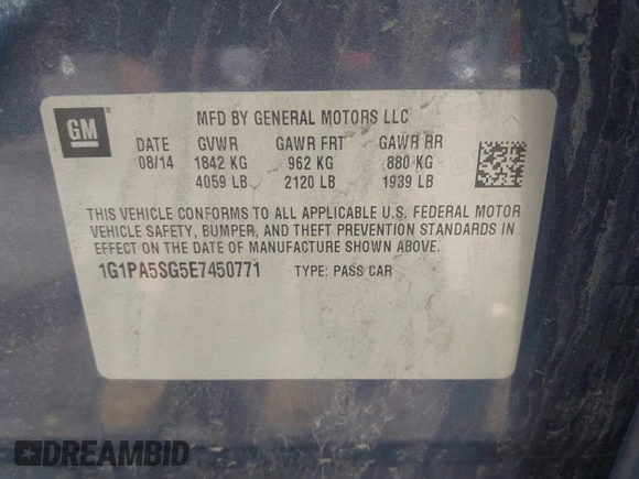 2014 Chevrolet Cruze LS with VIN 1G1PA5SG5E7450771, listed as a IAAI auction lot 42214200 with 66,312 mi miles and . Bid and sale history available at DreamBid. Image 9.