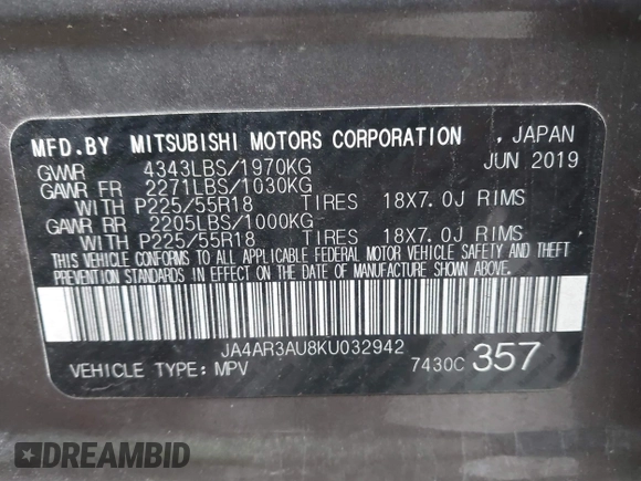 2019 Mitsubishi Outlander ES z VIN JA4AR3AU8KU032942, wystawiony jako IAAI lot #41018878 z przebiegiem 102 263 mil mil oraz . Historia ofert i sprzedaży dostępna na DreamBid. Obrazek 9.