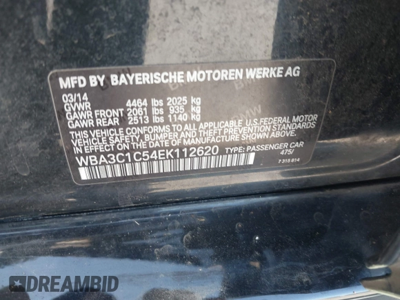 2014 BMW 3 Series 328i with VIN WBA3C1C54EK112620, listed as a IAAI auction lot 42712414 with 169,297 mi miles and . Bid and sale history available at DreamBid. Image 9.