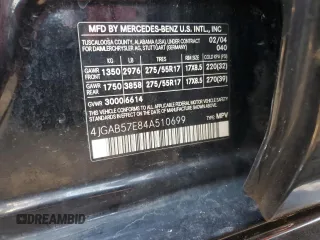 2004 Mercedes-Benz M-Class 3.5L with VIN 4JGAB57E84A510699, listed as a Copart auction lot 73957704 with 139,491 mi miles and Salvage Title. Bid and sale history available at carsss.com. Image 16.