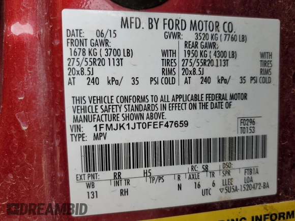 2015 Ford Expedition Max XLT с VIN 1FMJK1JT0FEF47659, выставлен на аукционе Copart как лот 49779375 с пробегом 152 063 миль миль и Списание • Salvage title. История ставок и продаж доступна на DreamBid. Изображение 14.