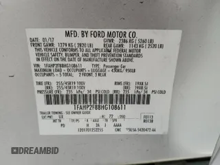 2017 Ford Taurus Limited with VIN 1FAHP2F88HG108611, listed as a Copart auction lot 52256725 with 124,226 mi miles and Salvage Title. Bid and sale history available at DreamBid. Image 12.