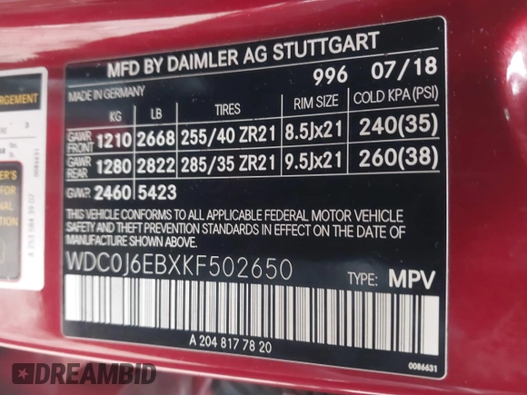 2019 Mercedes-Benz GLC with VIN WDC0J6EBXKF502650, listed as a IAAI auction lot 41246688 with 75,310 mi miles. Bid and sale history available at carsss.com. Image 9.