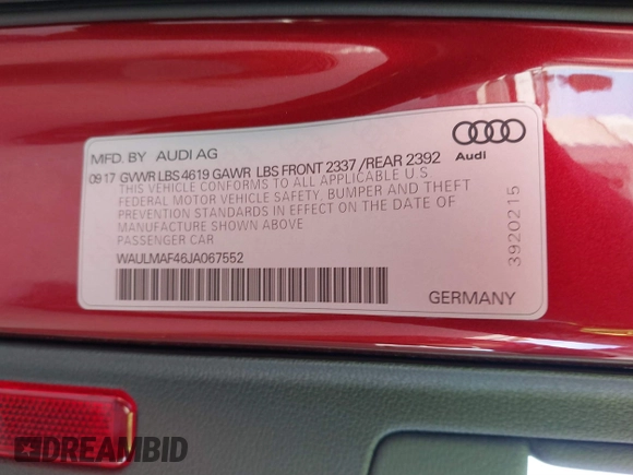 2018 Audi A4 Premium Plus with VIN WAULMAF46JA067552, listed as a IAAI auction lot 41196454 with 61,361 mi miles. Bid and sale history available at carsss.com. Image 9.