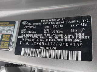 2015 Kia Optima EX with VIN 5XXGN4A76FG409159, listed as a IAAI auction lot 41937814 with 120,641 mi miles. Bid and sale history available at carsss.com. Image 9.