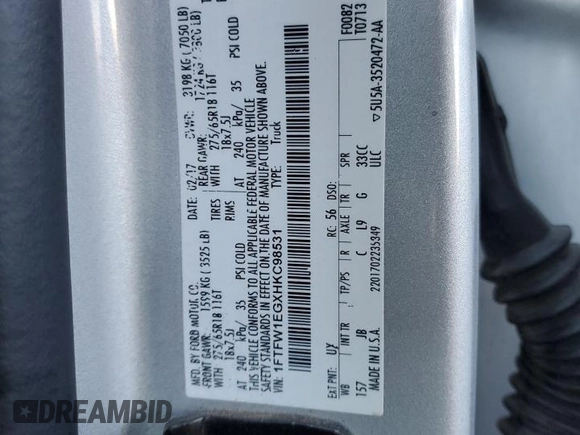 2017 Ford F-150 XL with VIN 1FTFW1EGXHKC98531, listed as a Copart auction lot 83644384 with 110,138 mi miles and Salvage Title. Bid and sale history available at carsss.com. Image 13.