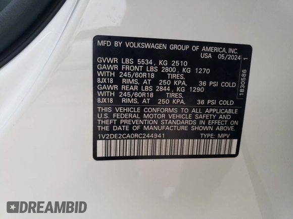 2024 Volkswagen Atlas SE с VIN 1V2DE2CA0RC244941, выставлен на аукционе Copart как лот 84553054 с пробегом 9 миль миль и Списание • Salvage title. История ставок и продаж доступна на DreamBid. Изображение 13.