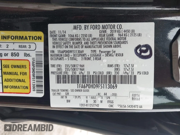 2015 Ford Fusion SE with VIN 1FA6P0HD9F5113069, listed as a IAAI auction lot 42126855 with 122,969 mi miles. Bid and sale history available at carsss.com. Image 9.