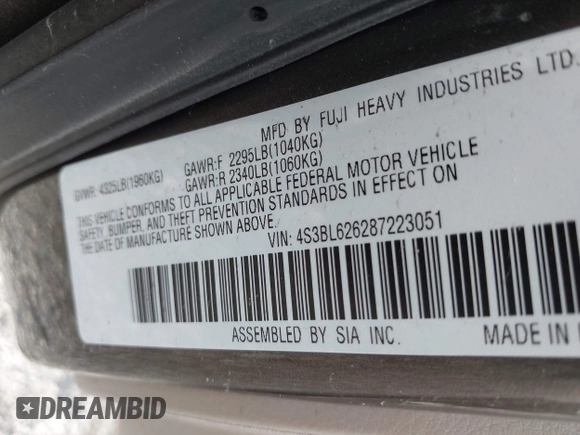 2008 Subaru Legacy (Natl) Ltd with VIN 4S3BL626287223051, listed as a IAAI auction lot 41903921 with 181,016 mi miles. Bid and sale history available at carsss.com. Image 9.