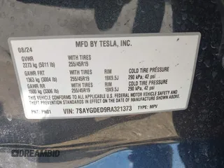 2024 Tesla Model Y with VIN 7SAYGDED9RA321373, listed as a IAAI auction lot 42228491 with 6,452 mi miles and . Bid and sale history available at DreamBid. Image 9.