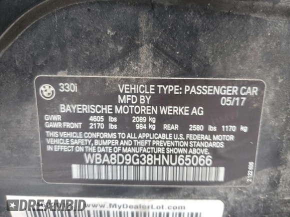 2017 BMW 3 Series 330i xDrive with VIN WBA8D9G38HNU65066, listed as a Copart auction lot 62767155 with 80,553 mi miles and Salvage title. Bid and sale history available at DreamBid. Image 12.