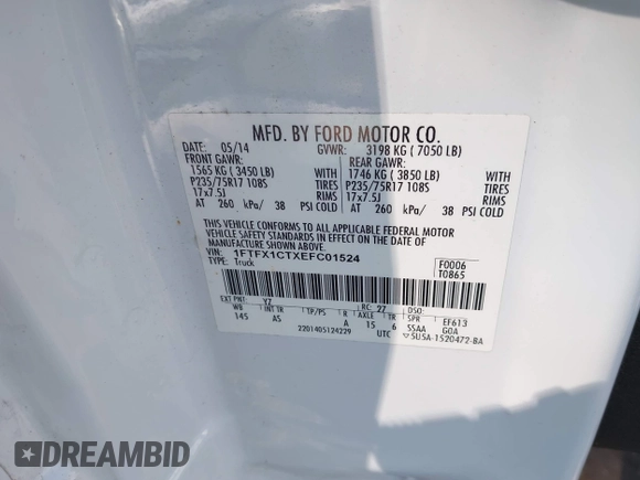 2014 Ford F-150 XL with VIN 1FTFX1CTXEFC01524, listed as a IAAI auction lot 41955270 with 251,992 mi miles. Bid and sale history available at carsss.com. Image 9.