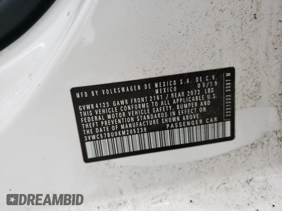 2019 Volkswagen Jetta S with VIN 3VWC57BU0KM205239, listed as a Copart auction lot 61023915 with 77,089 mi miles and Salvage title. Bid and sale history available at DreamBid. Image 12.