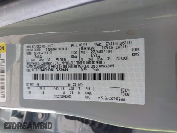 2022 Ford Ranger XL with VIN 1FTER4FH0NLD33949, listed as a IAAI auction lot 41738600 with 30,221 mi miles and . Bid and sale history available at DreamBid. Image 9.