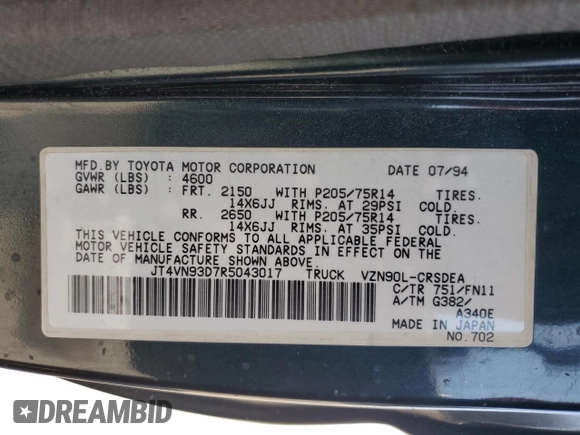 1994 Toyota Pickup z VIN JT4VN93D7R5043017, wystawiony jako Copart lot #55316015 z przebiegiem 149 112 mil mil oraz Szkoda całkowita • Salvage title. Historia ofert i sprzedaży dostępna na DreamBid. Obrazek 12.