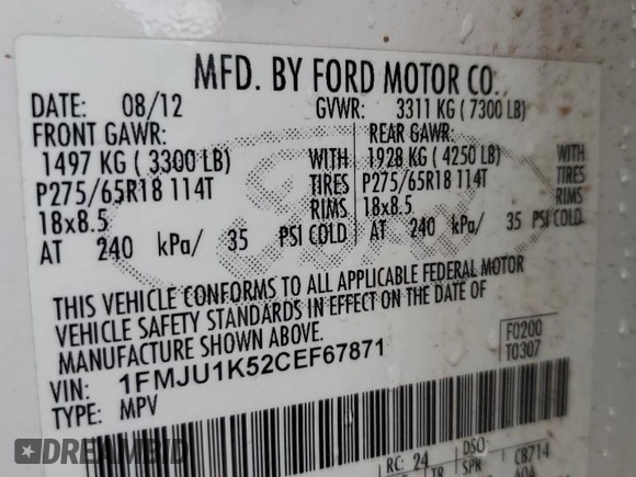 2012 Ford Expedition Limited with VIN 1FMJU1K52CEF67871, listed as a Copart auction lot 64082075 with 141,543 mi miles and Salvage title. Bid and sale history available at DreamBid. Image 13.