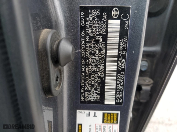 2019 Toyota Prius L Eco with VIN JTDKARFU7K3086591, listed as a Copart auction lot 53752155 with 65,064 mi miles and Salvage Title. Bid and sale history available at carsss.com. Image 12.
