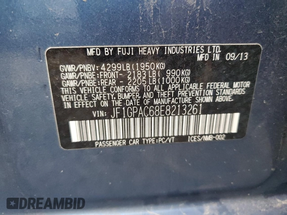 2014 Subaru Impreza Premium z VIN JF1GPAC68E8213261, wystawiony jako Copart lot #81197534 z przebiegiem 134 552 mil mil oraz Szkoda całkowita • Salvage title. Historia ofert i sprzedaży dostępna na DreamBid. Obrazek 12.