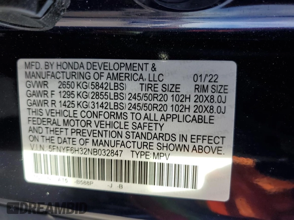 2022 Honda Pilot Sport with VIN 5FNYF6H32NB032847, listed as a Copart auction lot 42511905 with 28,420 mi miles and Salvage Title. Bid and sale history available at carsss.com. Image 15.