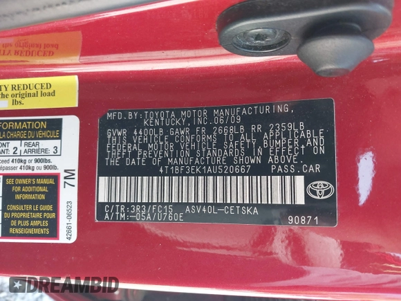 2010 Toyota Camry with VIN 4T1BF3EK1AU520667, listed as a IAAI auction lot 42209539 with 202,204 mi miles and . Bid and sale history available at DreamBid. Image 9.