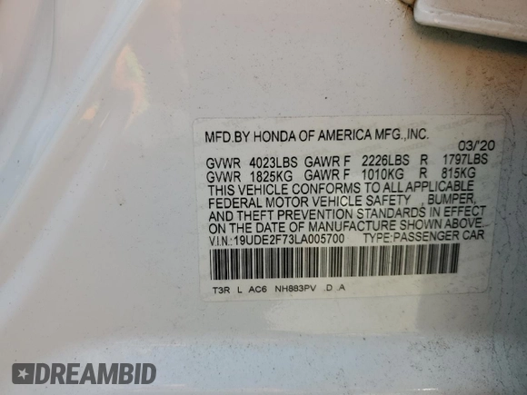 2020 Acura ILX Premium with VIN 19UDE2F73LA005700, listed as a Copart auction lot 52333645 with Not provided miles and Salvage title. Bid and sale history available at DreamBid. Image 12.